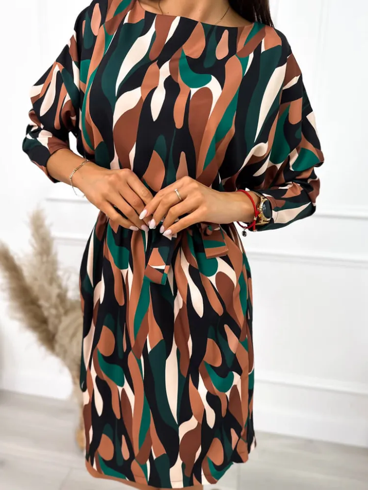 Wzorzysta Sukienka z Paskiem 10675-330-Q|Modna Kiecka New