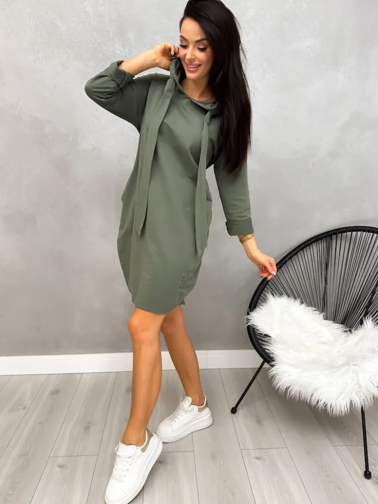 Zielona Dresowa Sukienka z Kapturem 12894-171-G|Modna Kiecka Outlet