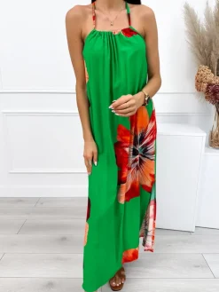 Zielona Letnia Sukienka w Kwiaty z Rozporkiem 12607-89-H|Modna Kiecka Outlet