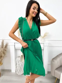 Zielona Plisowana Sukienka z Paskiem 11849-103-C|Modna Kiecka Fashion