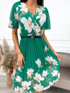 Zielona Plisowana Sukienka w Kwiaty 10147-35-C|Modna Kiecka Sale