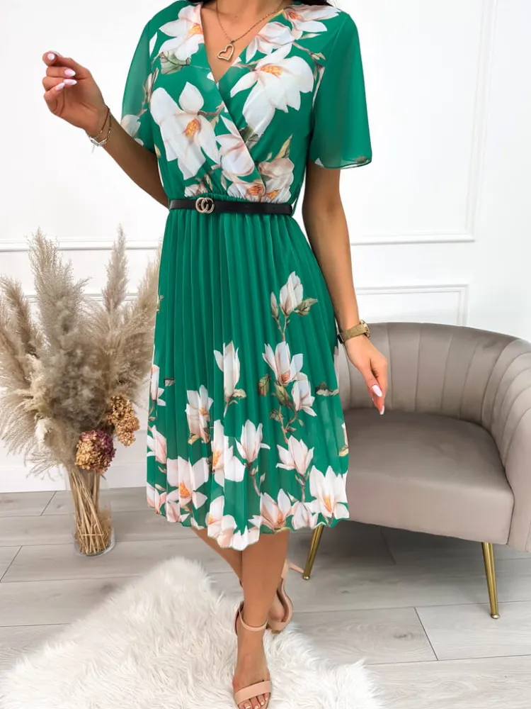 Zielona Plisowana Sukienka w Kwiaty 10147-35-C|Modna Kiecka Sale