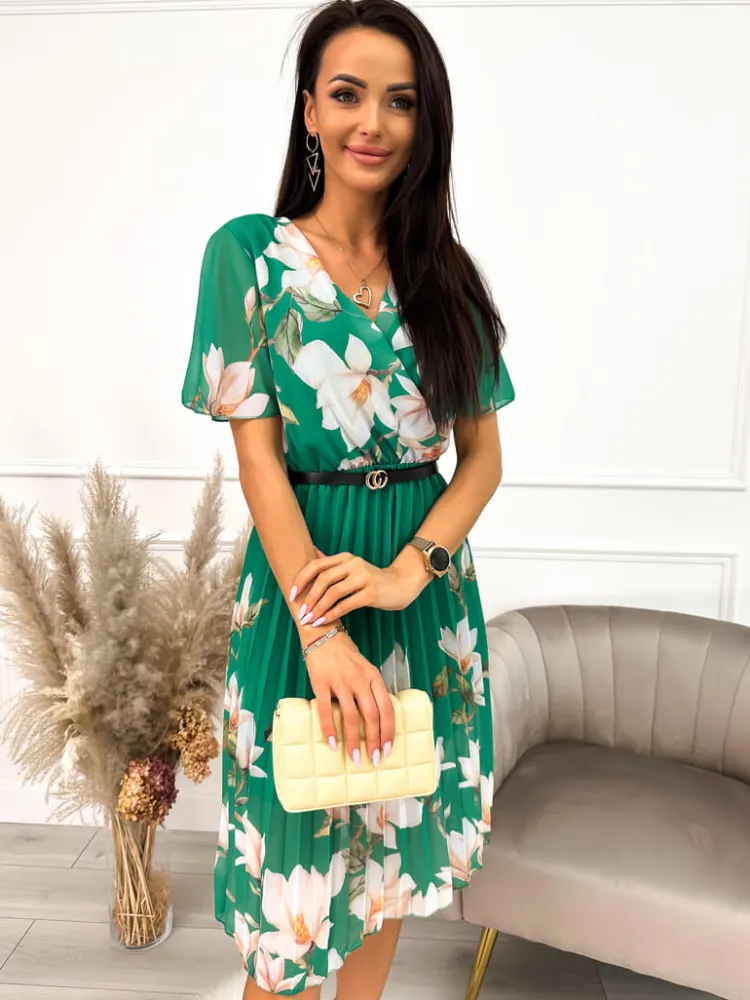 Zielona Plisowana Sukienka w Kwiaty 10147-35-C|Modna Kiecka Sale