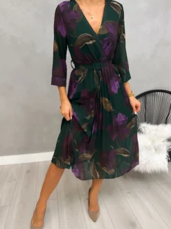 Zielona Plisowana Sukienka w Kwiaty z Paskiem 13191-423-B|Modna Kiecka Clearance