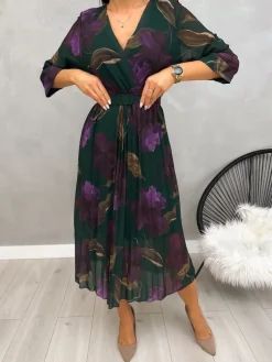Zielona Plisowana Sukienka w Kwiaty z Paskiem 13191-423-B|Modna Kiecka Clearance