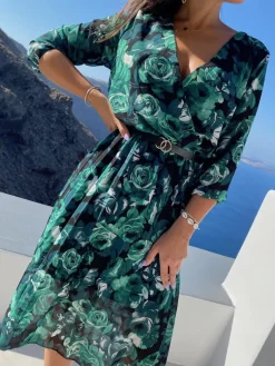 Zielona Plisowana Sukienka w Kwiaty  12440-330-Q|Modna Kiecka New