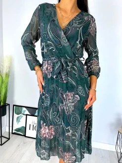 Zielona Plisowana Sukienka ze Wzorem 11847-182-Q|Modna Kiecka Discount