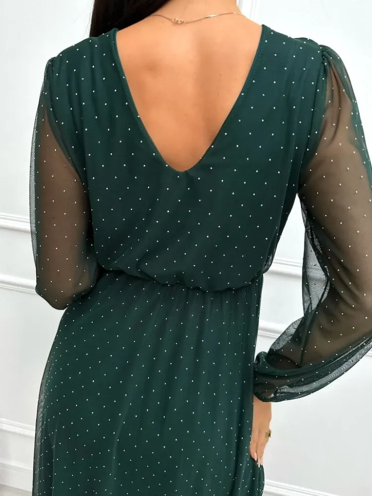 Zielona Połyskująca Sukienka z Siateczką 13371-168-C|Modna Kiecka Fashion