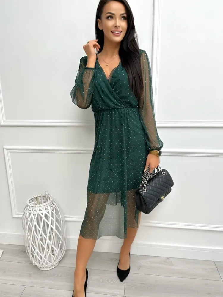Zielona Połyskująca Sukienka z Siateczką 13371-168-C|Modna Kiecka Fashion