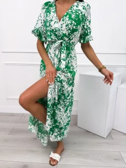Zielona Sukienka Maxi w Biały Wzór 12357-325-D|Modna Kiecka Online