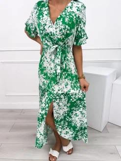 Zielona Sukienka Maxi w Biały Wzór 12357-325-D|Modna Kiecka Online