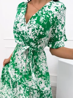 Zielona Sukienka Maxi w Biały Wzór 12357-325-D|Modna Kiecka Online