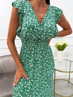 Zielona Sukienka Maxi w Drobne Kwiatki 13930-55-E|Modna Kiecka Sale