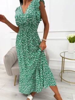 Zielona Sukienka Maxi w Drobne Kwiatki 13930-55-E|Modna Kiecka Sale