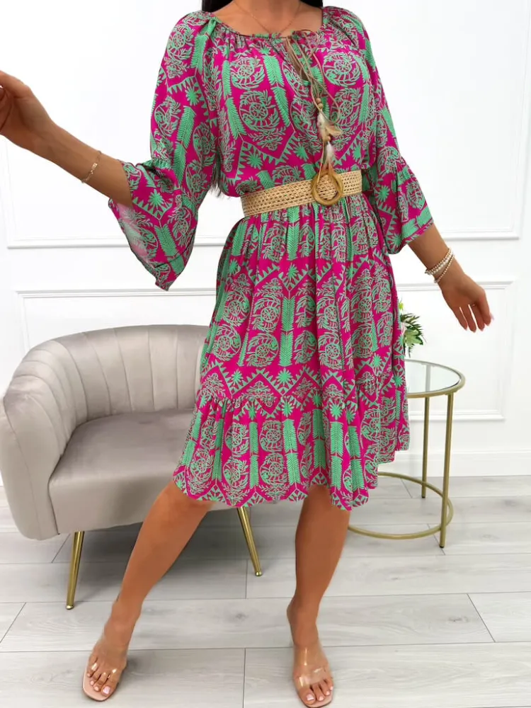 Zielona Sukienka Oversize w Różowy Wzór 14041-361-E|Modna Kiecka Hot
