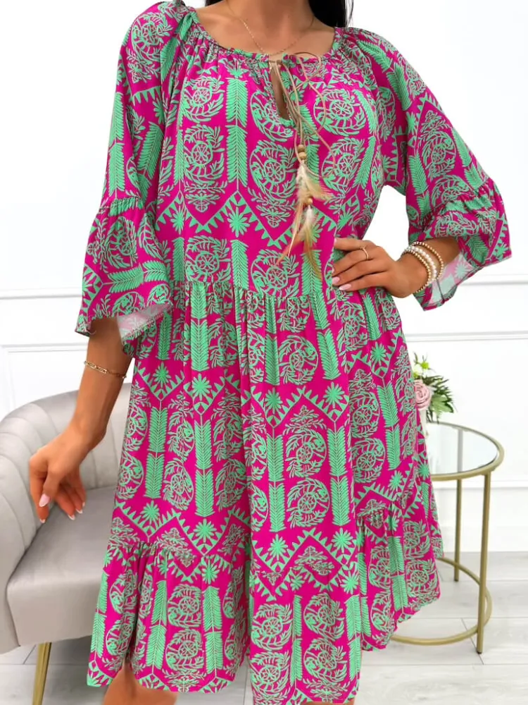 Zielona Sukienka Oversize w Różowy Wzór 14041-361-E|Modna Kiecka Hot