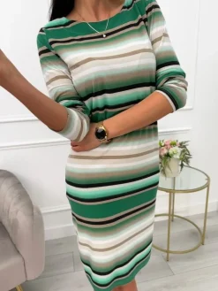 Zielona Sukienka w Pasy z Kieszeniami 13598-206-B|Modna Kiecka Fashion