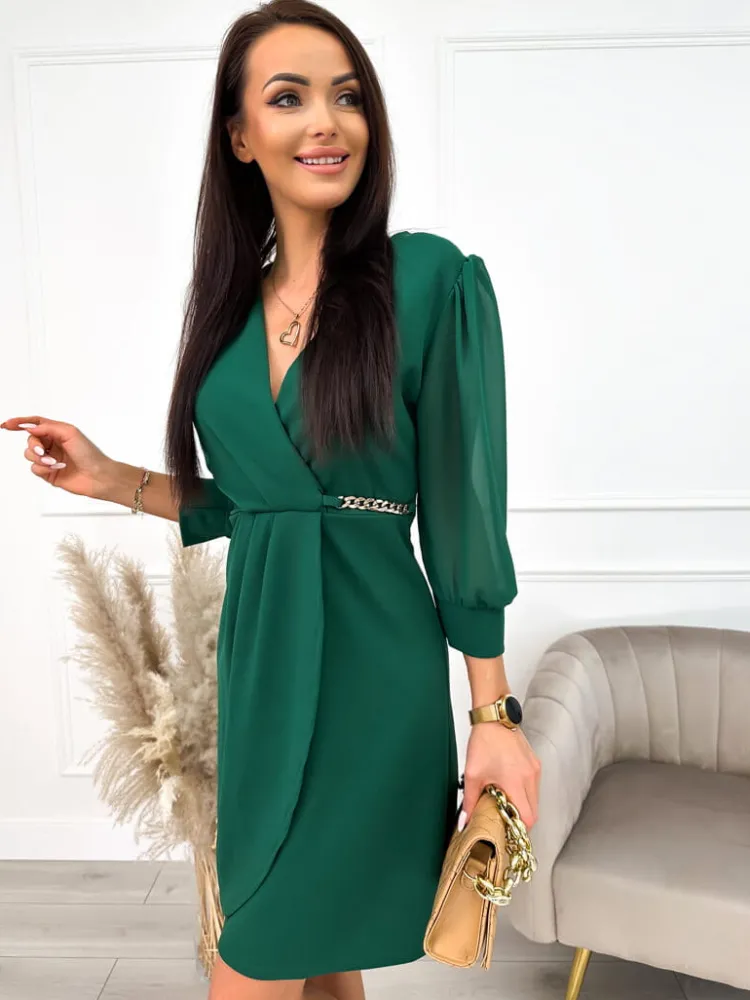Zielona Sukienka z Łańcuszkiem 10085-292-B|Modna Kiecka Outlet