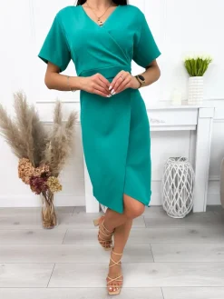 Zielona Sukienka z Kopertowym Dekoltem 12127-16-F|Modna Kiecka Fashion