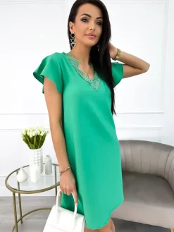 Zielona Sukienka z Koronkowym Dekoltem 9971-114-D|Modna Kiecka Discount