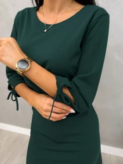 Zielona Sukienka z Ozdobnym Rękawem 12927-21-G|Modna Kiecka New