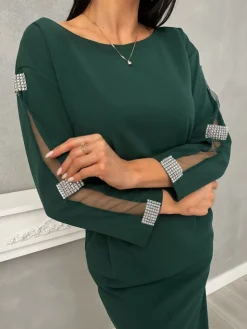 Zielona Sukienka z Ozdobnym Rękawem 11190-326-D|Modna Kiecka Online