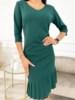Zielona Sukienka z Plisowaną Falbanką 11390-416-M|Modna Kiecka Clearance