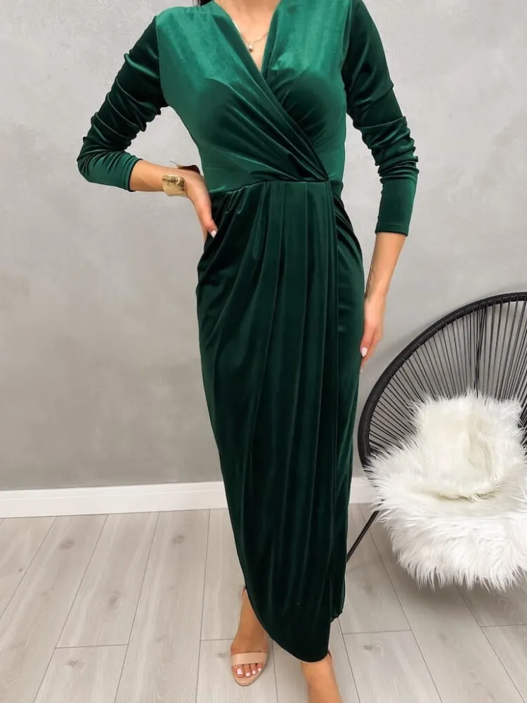 Zielona Welurowa Sukienka Maxi z Rozporkiem 13228-292-D|Modna Kiecka Outlet