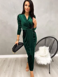 Zielona Welurowa Sukienka Maxi z Rozporkiem 13228-292-D|Modna Kiecka Outlet