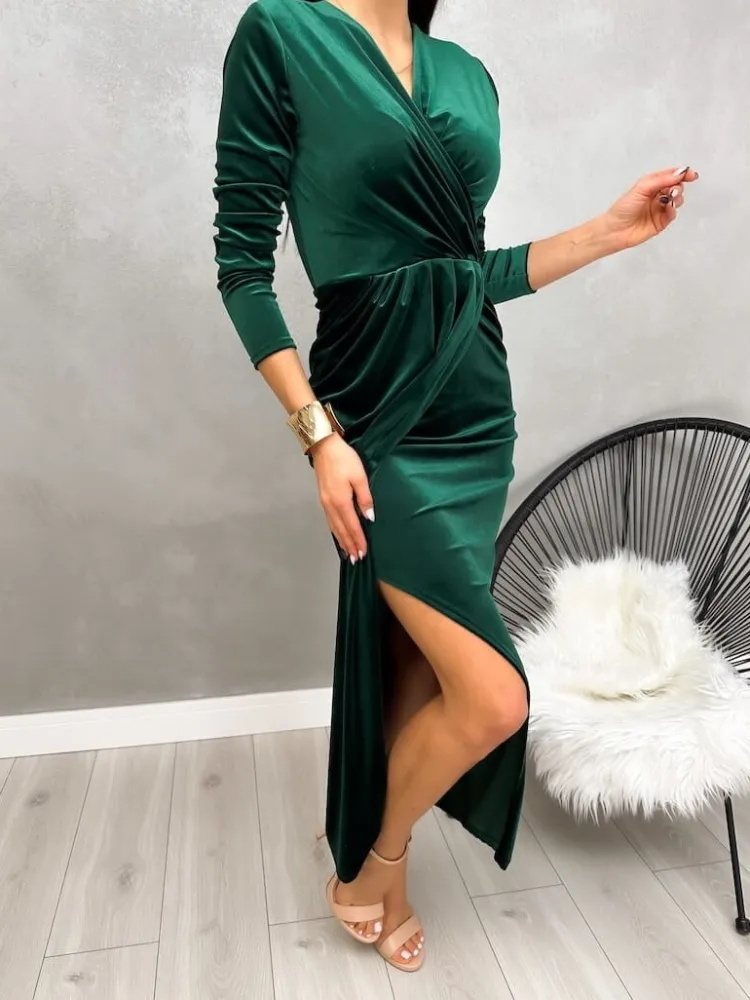 Zielona Welurowa Sukienka Maxi z Rozporkiem 13228-292-D|Modna Kiecka Outlet