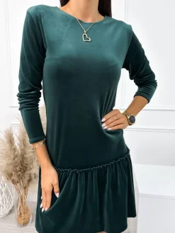 Zielona Welurowa Sukienka z Falbanką 10859-293-E|Modna Kiecka New
