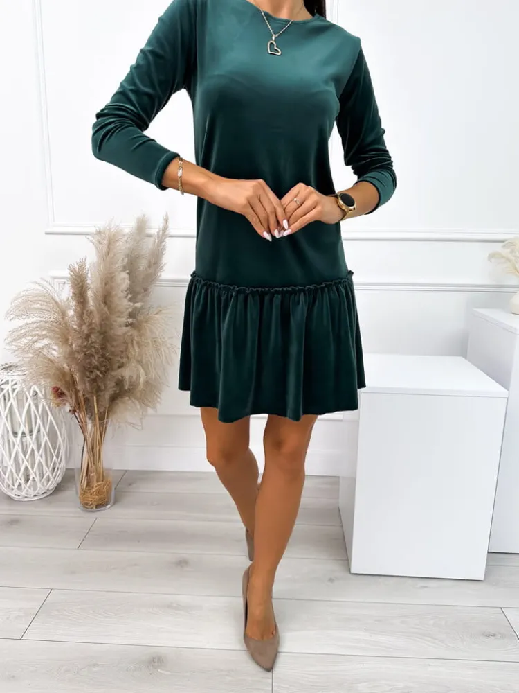 Zielona Welurowa Sukienka z Falbanką 10859-293-E|Modna Kiecka New