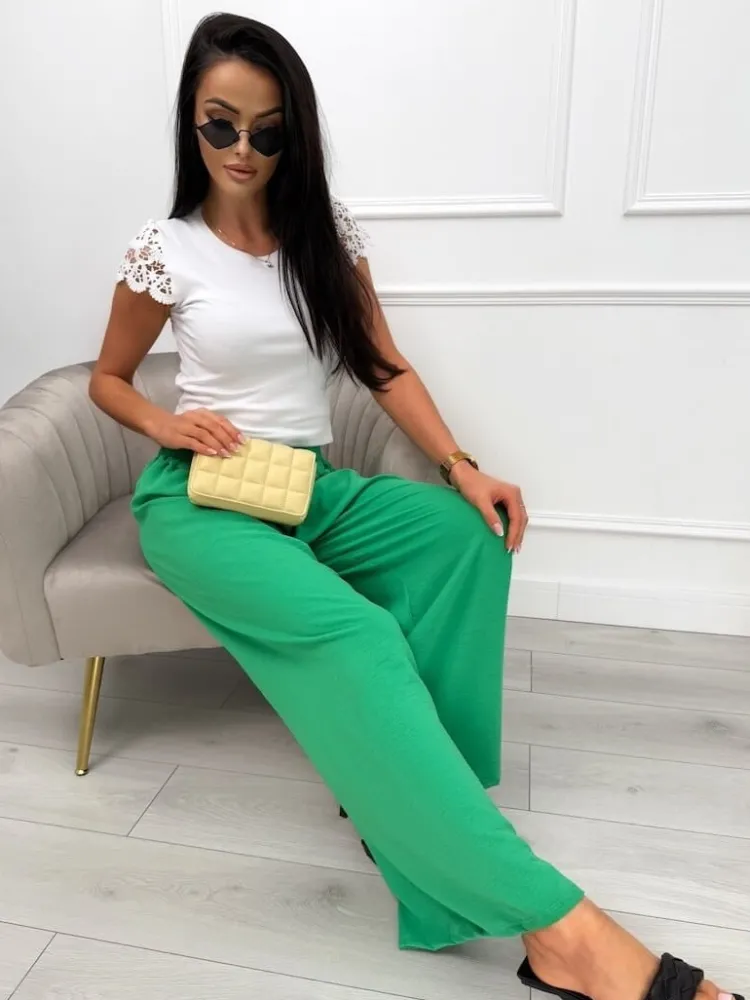 Zielone Spodnie z Szeroką Nogawką 13585-81-G|Modna Kiecka Outlet