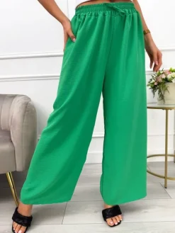 Zielone Spodnie z Szeroką Nogawką 13585-81-G|Modna Kiecka Outlet