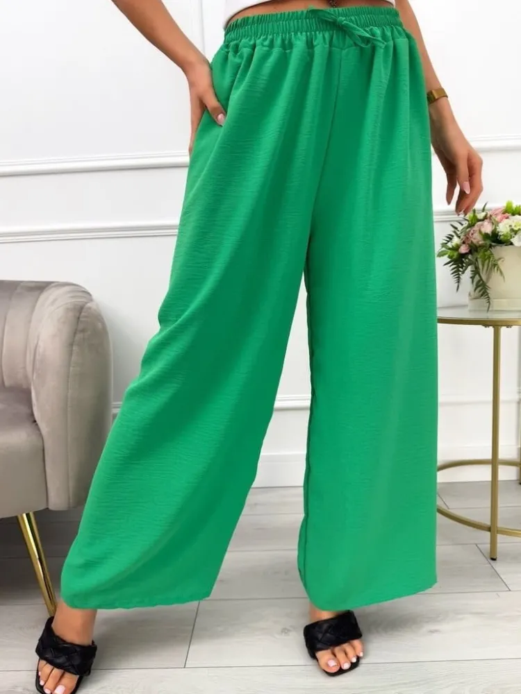 Zielone Spodnie z Szeroką Nogawką 13585-81-G|Modna Kiecka Outlet