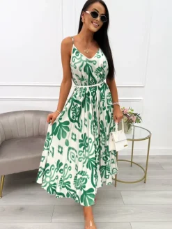 Zielono-Beżowa Sukienka Oversize 14015-120-D|Modna Kiecka Best