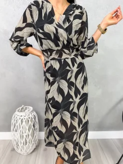 Zielono-Beżowa Sukienka w Roślinny Wzór 13102-229-B|Modna Kiecka Fashion