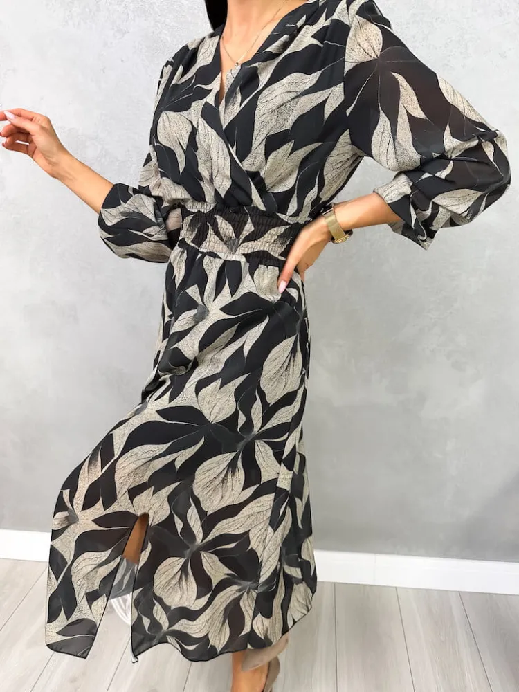 Zielono-Beżowa Sukienka w Roślinny Wzór 13102-229-B|Modna Kiecka Fashion