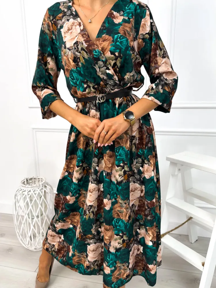 Zielono-Beżowa Sukienka z Paskiem 12994-113-C|Modna Kiecka Outlet