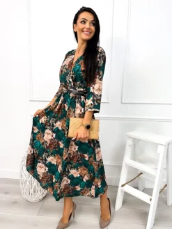 Zielono-Beżowa Sukienka z Paskiem 12994-113-C|Modna Kiecka Outlet