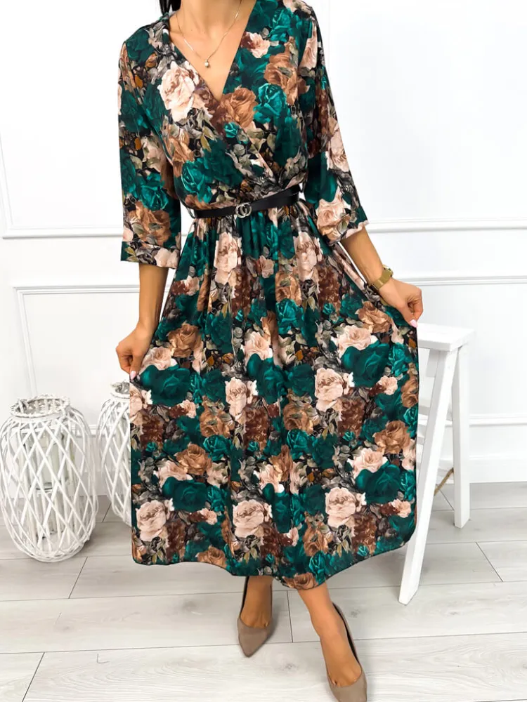 Zielono-Beżowa Sukienka z Paskiem 12994-113-C|Modna Kiecka Outlet