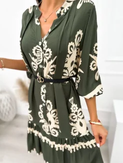 Zielono-Beżowa Sukienka ze Wzorem 10776-282-B|Modna Kiecka Discount