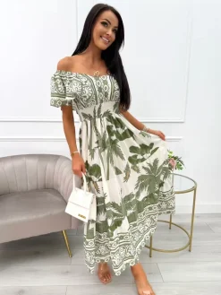 Zielono-Kremowa Sukienka Maxi ze Wzorem 14011-136-D|Modna Kiecka Online