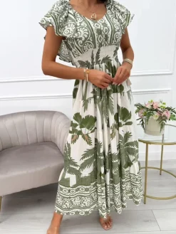 Zielono-Kremowa Sukienka Maxi ze Wzorem 14011-136-D|Modna Kiecka Online