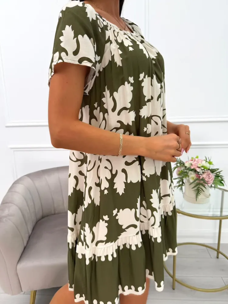 Zielono-Kremowa Sukienka ze Wzorem 14057-503-D|Modna Kiecka New
