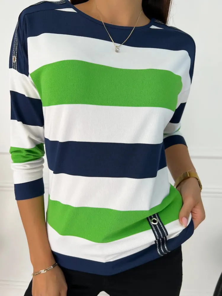 Zielono-Kremowo-Granatowa Bluzka 11418-228-J|Modna Kiecka Outlet
