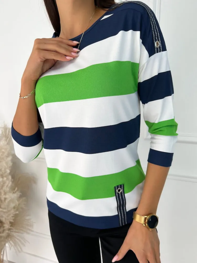 Zielono-Kremowo-Granatowa Bluzka 11418-228-J|Modna Kiecka Outlet