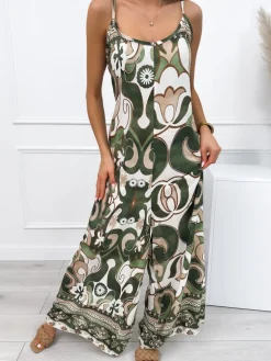 Zielono-Kremowy Wzorzysty Kombinezon na Ramiączkach 12578-45-B|Modna Kiecka Fashion