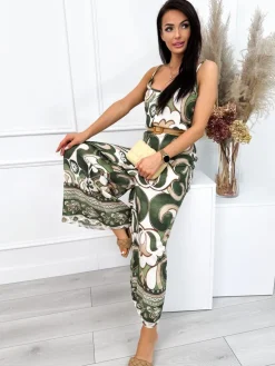 Zielono-Kremowy Wzorzysty Kombinezon na Ramiączkach 12578-45-B|Modna Kiecka Fashion