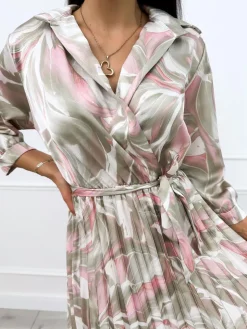 Zielono-Pudrowa Plisowana Sukienka 12339-511-B|Modna Kiecka Fashion